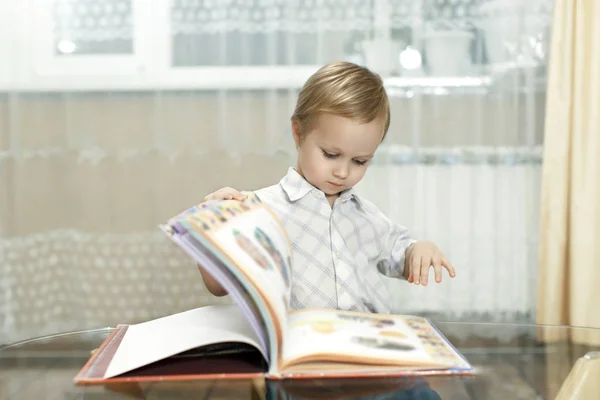 The child views his first book with color pictures Royalty Free Stock Photos