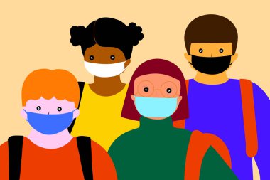 Maske takıp okula giden çocuklar. Çocukların ilk salgın deneyimi. Güvenlik nedenleri (Covid-19 veya coronavirus).