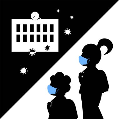 Maske takıp okula giden çocuklar. Çocukların ilk salgın deneyimi. Güvenlik nedeniyle. (Covid-19 veya Coronavirus)