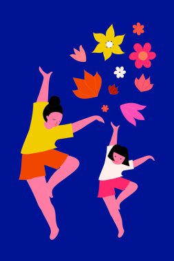 Anne ve kızıyla Çiçek Anneler Günü illüstrasyonu. Şirin bir kapak resmi, afiş, afiş veya tatil anneleri için kart..