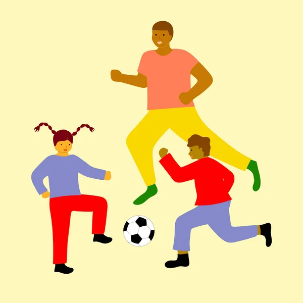 Οικογένεια Παίζει Ποδόσφαιρο Πατέρας Δύο Παιδιά Που Έχει Εξωτερική Δραστηριότητα — Διανυσματικό Αρχείο