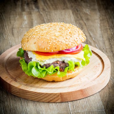 Sığır eti, peynir ve domates, piknik, lezzetli ev yapımı çizburger