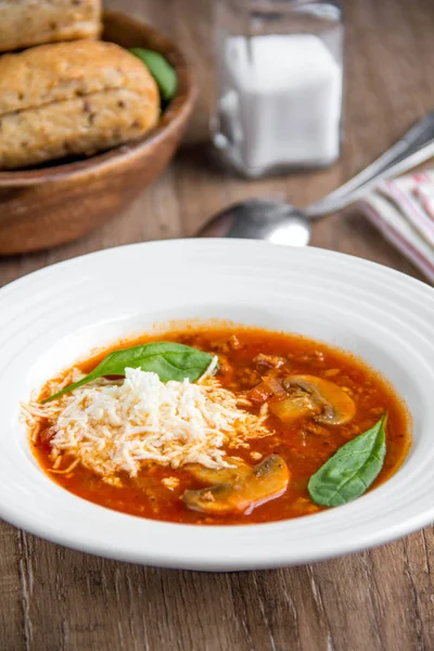 Итальянский суп с помидорами, грибами, мясом, сыром, овощами — стоковое фото