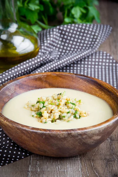 Vit grädde soppa med grönsaker, champinjoner, ris, bulgur, välsmakande — Stockfoto
