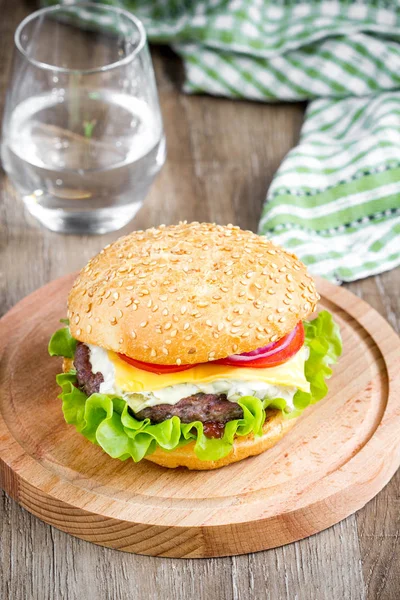 Hamburguesa casera con carne de res, queso y tomate, picnic, sabroso — Foto de Stock