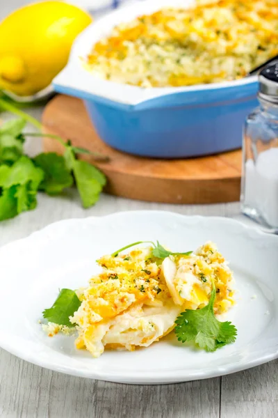 Casserole with crispy crumble, potato gratin, baked meat butter — Stock Photo, Image