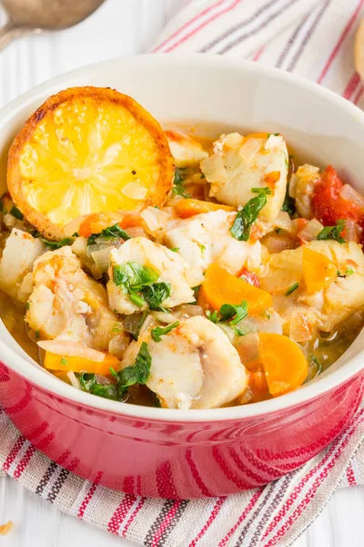 Fish stew with vegetables and rice, delicious healthy dinner — Stock Photo, Image