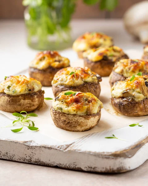 Stuffed Mushrooms Cheese Delicious Baked Appetizer Traditional Starter Golden Crust — Stock Photo, Image