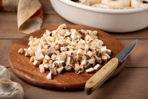 Finely Chopped Mushrooms Sliced Knife Separated Caps Baking Filling Cooking — Stock Photo, Image