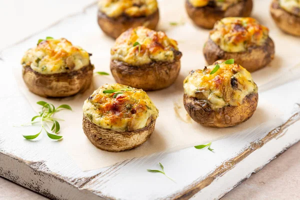 Stuffed Mushrooms Cheese Delicious Baked Appetizer Traditional Starter Golden Crust — Stock Photo, Image