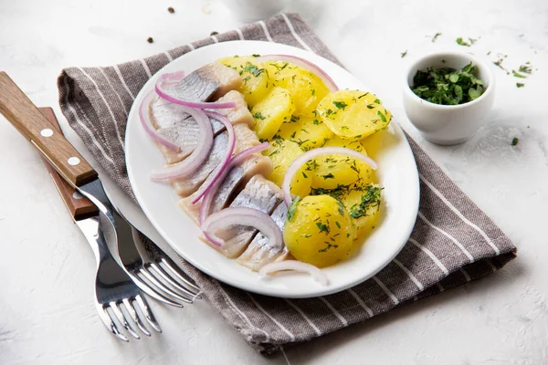 Ingelegde Haringfilet Olie Met Aardappelen Rode Uien Kruiden Smaakvolle Vis — Stockfoto