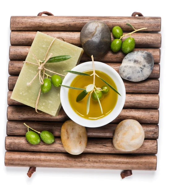 Massage setting with olives, above view. — Stock Photo, Image