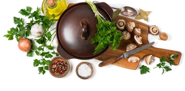 Ingredients for mushroom soup, above view. — Stock Photo, Image