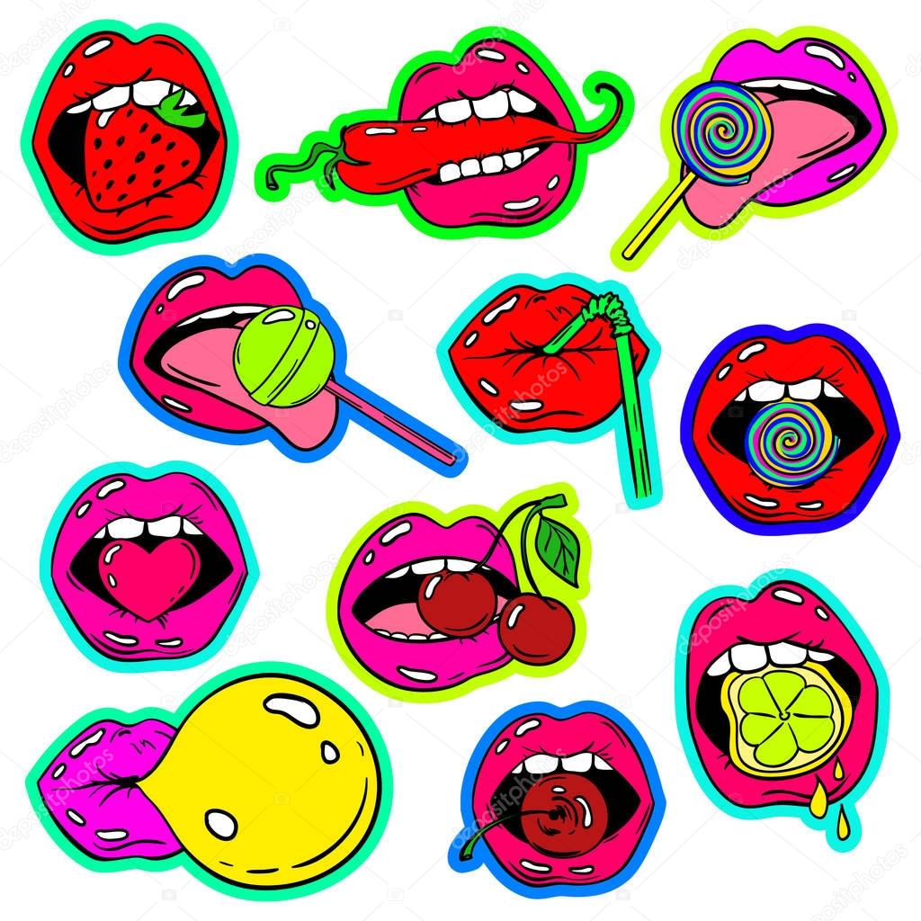 Lollipop lips emoji Set Of Female Lips Stickers and food In Pop Comic