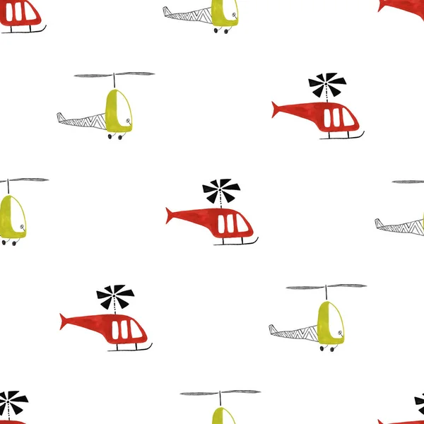 Funny seamless pattern with flying colorful helicopters on a white background. Gouache painted kids nursery wallpaper design.