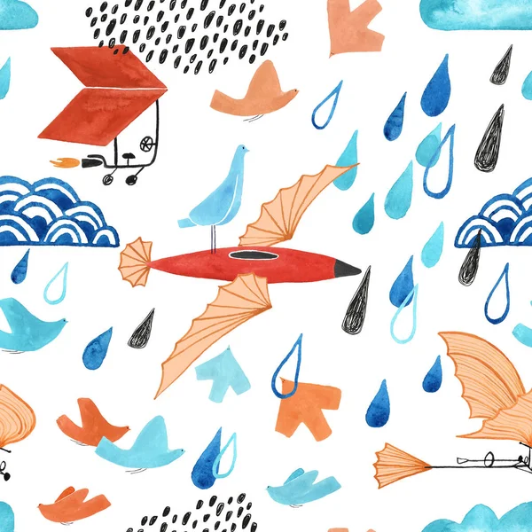 Funny rainy seamless pattern with flying aeroplane and aircraft on a white background. Gouache painted kids nursery wallpaper design.