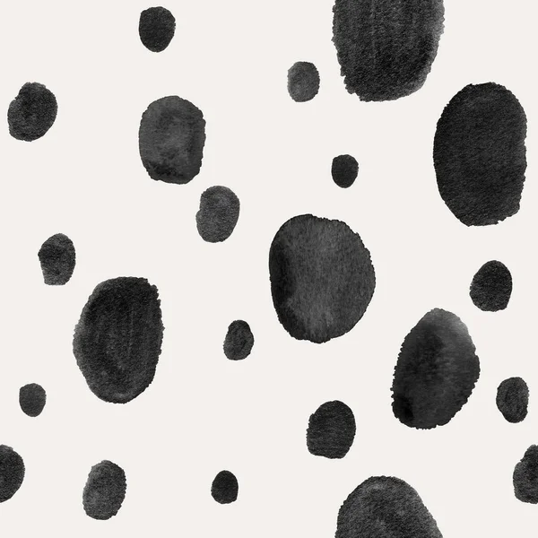 Abstract seamless pattern with black spots and dots on a white background. Hand painted gouache wallpaper.