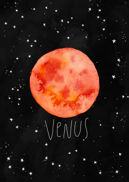 Illustration with Venus planet on a black watercolor background. Kids gouache hand painted cosmic poster or card.