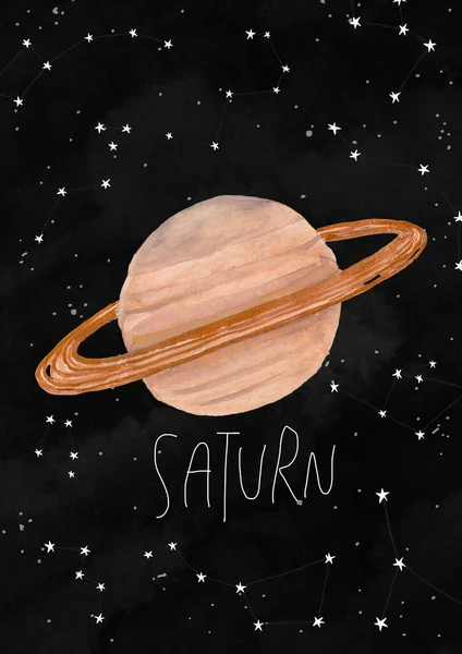 Illustration with Saturn planet on a black watercolor background. Kids gouache hand painted cosmic poster or card.