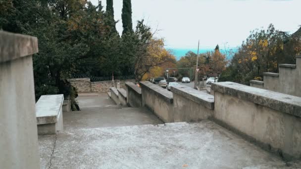 Killen tränar parkour. Hoppar på räcket en kall höstdag. Gör en backflip. Smart hoppning. Parkour. — Stockvideo