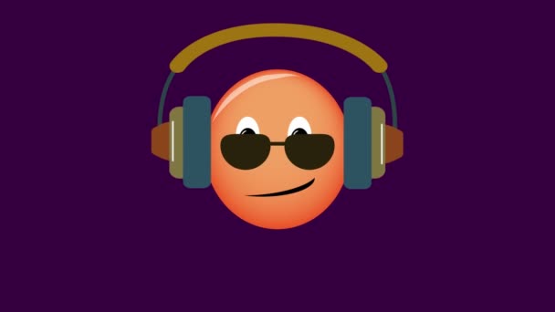 Animation of an emoticon in sunglasses and headphones listening loudly to music on a purple background. — Stock Video