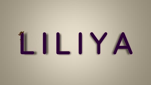 Namanya Liliya. Nama perempuan Liliya pada latar belakang cahaya menghilang terbang dalam kupu-kupu. Grafis minimal. 4k — Stok Video