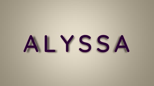 Namanya Alyssa. Nama perempuan Alyssa pada latar belakang cahaya menghilang terbang dalam kupu-kupu. Grafis minimal. 4k — Stok Video