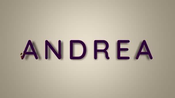 Nazywam się Andrea. Samica imię Andrzej na jasnym tle znikam latając w motyl. Minimalna grafika. 4k — Wideo stockowe