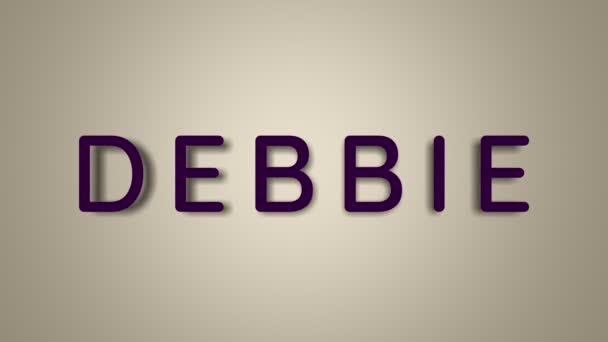 Меня зовут Дебби. Женское имя на светлом фоне исчезает, летя в бабочках. Минимальная графика. 4k — стоковое видео