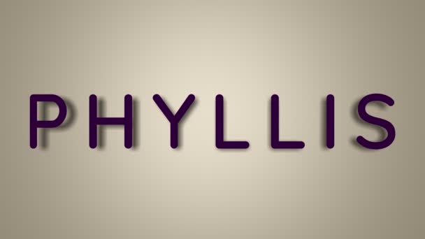 Name ist Phyllis. verschwindet der weibliche Name auf hellem Hintergrund fliegend in Schmetterlingen. Minimale Grafik. 4k — Stockvideo