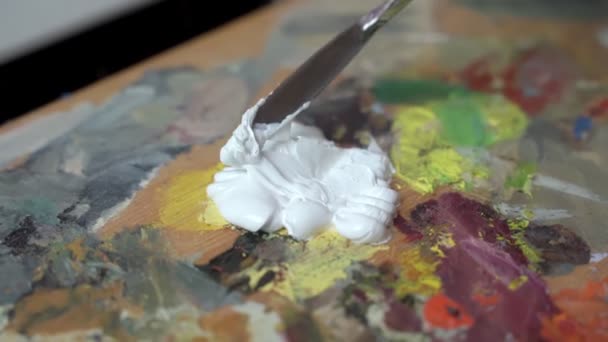 Дівчина готує білу фарбу для малювання на палітрі — стокове відео