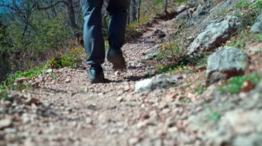 Spor ayakkabılı bir adamın bacakları ormanda bir patikada yürür..