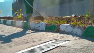 İşçi yol kenarında çim biçme makinesiyle çimleri biçiyor.