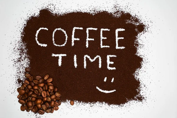 Ground Coffee Coffee Beans White Background Word Coffee Time Smile — Stock Photo, Image