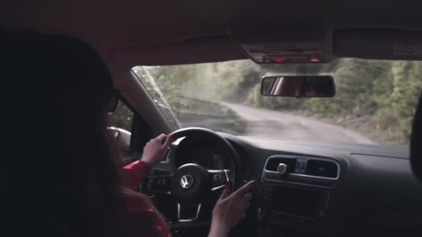 Família no carro. Uma menina dirigindo um carro passeios em uma estrada na natureza e olha no espelho retrovisor . — Vídeo de Stock