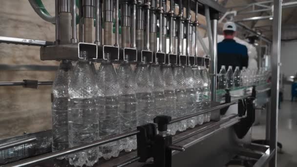 Чистая Питьевая Вода Завод Рабочий Конвейер Предприятии Литровые Бутылки Конвейере — стоковое видео