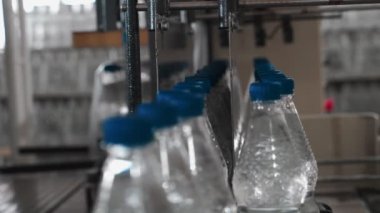 Saf içme suyu bitkisi. Girişimcilik için nakliyeci. Taşıyıcıdaki limon şişeleri suyla doldurulmuş, kapaklar ve yapıştırılmış etiketlerle kapatılmış. 4k