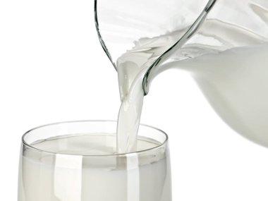 Bir bardak süt cam sürahi tarafından doldurma