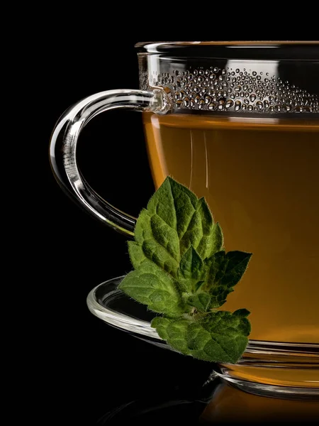 Čerstvá máta a čaje v šálku s podšálkem ze skla — Stock fotografie