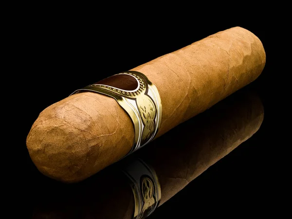 Cigar Robusto Primer Plano Una Diagonal Aísla Negro — Foto de Stock