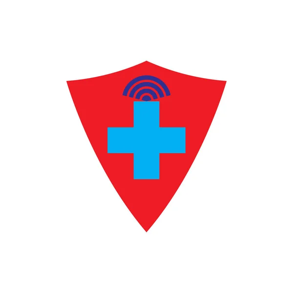 Sköld Med Och Signal Online Medicinsk Service Logotyp Design Vektor — Stock vektor