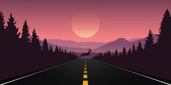 Renifery skaczące po asfaltowanej drodze purpurowy dzika przyroda górski krajobraz — Wektor stockowy