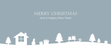 Noel tebrik kartı. Mavi karlı kış manzarası.