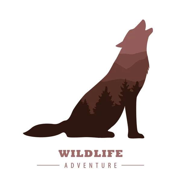 Siluet serigala petualangan liar dengan lanskap hutan - Stok Vektor