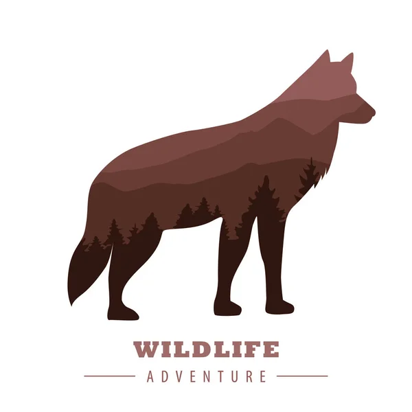 森の風景と野生動物の冒険オオカミのシルエット — ストックベクタ
