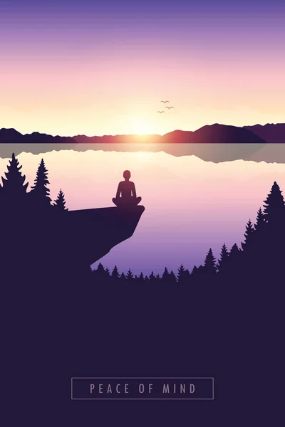 Peace of mind person by the lake at sunrise in nature — Stock Vector