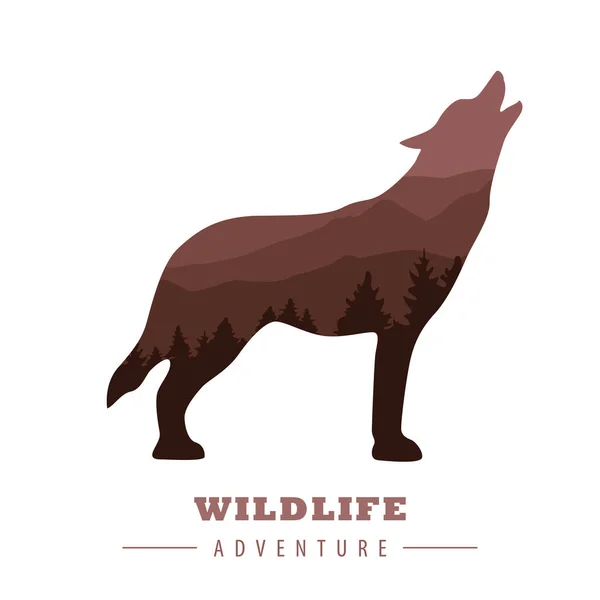 Wildlife adventure wolf silhouette with forest landscape — Stock Vector