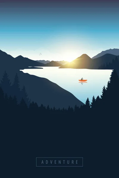 Aventure solitaire en canoë avec bateau orange au lever du soleil sur la rivière — Image vectorielle