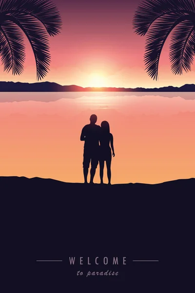 Ζευγάρι να απολαύσει το ηλιοβασίλεμα σε μια όμορφη παραλία Φοίνικας — Διανυσματικό Αρχείο