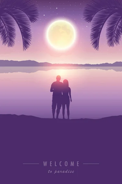 Kärleksfullt par njuta av fullmånen under palmen — Stock vektor
